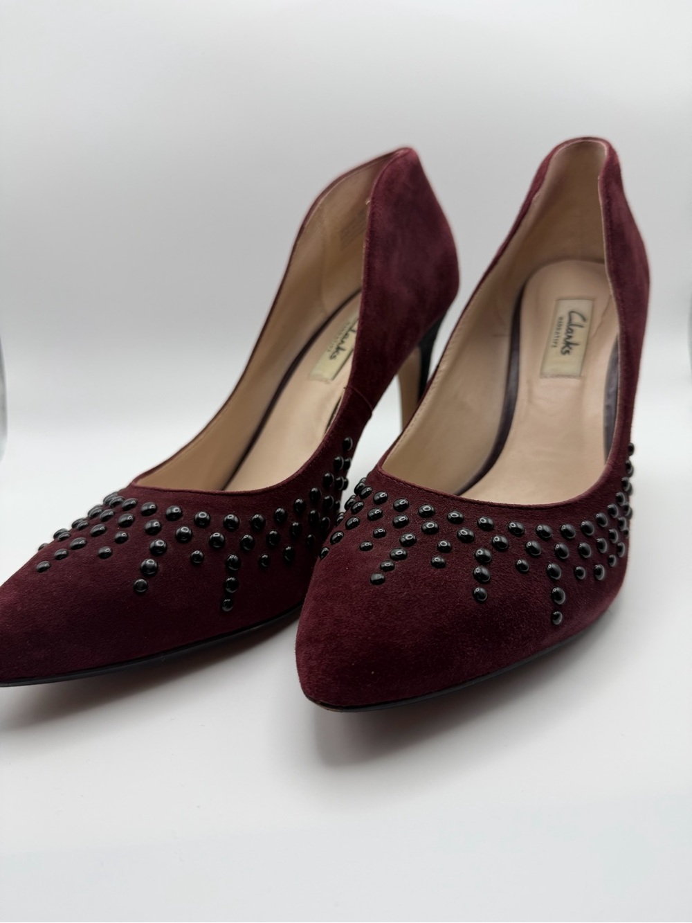 Clarks Women's Wine Suede Studded Pointed-Toe Heels
